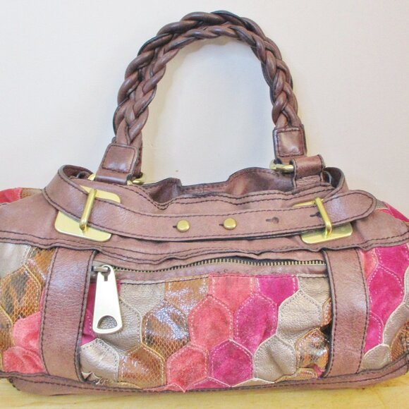 RARE! Fossil Fifty-Four Large Multicolor Patchwork Suede & Leather Satchel Purse - Picture 1 of 16